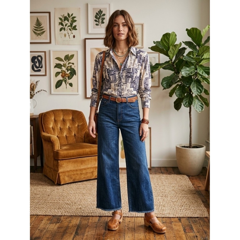 Anthropologie Geometric Scroll Print Button Down Blouse Navy Cream XXS